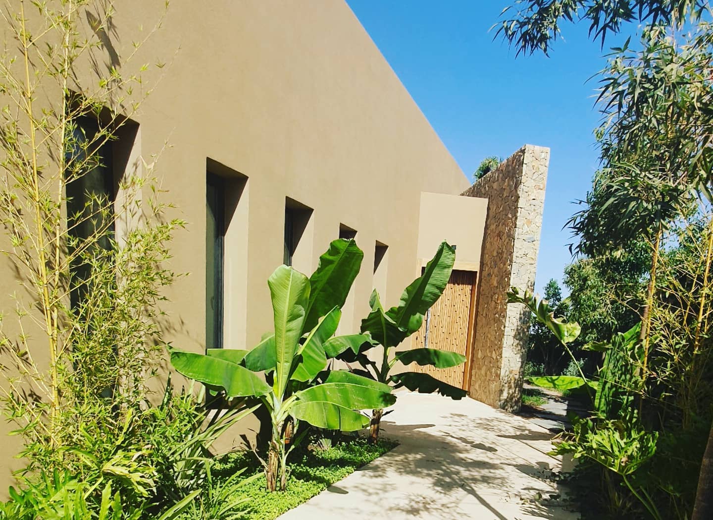 Entrée de la villa entourée d’un jardin dense et de matières naturelles